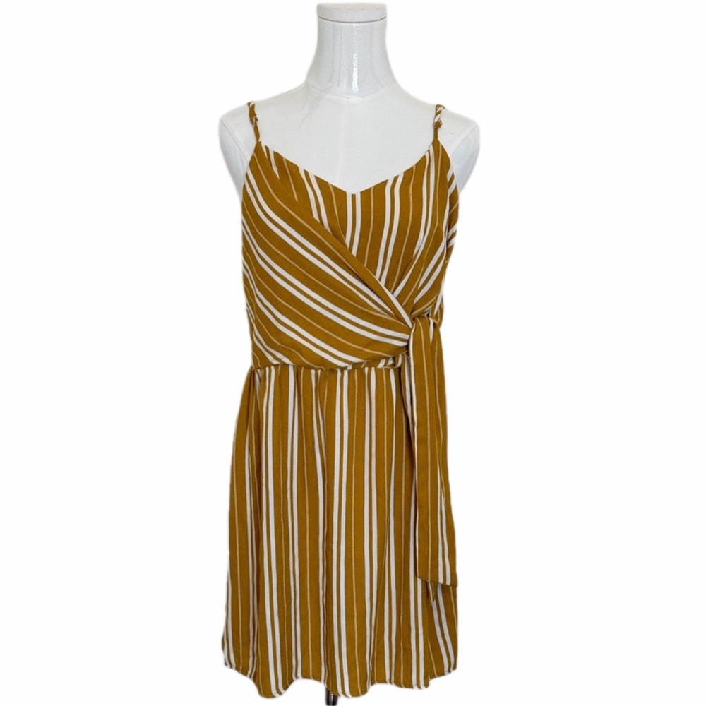 Every Striped Mustard Yellow mock Wrap Dress Size L - Picture 1 of 11